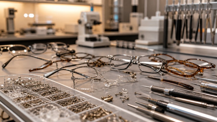 peças de reposição para conserto de armações de óculos em bancada de laboratório óptico