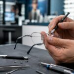 técnico de laboratório óptico realizando conserto profissional de armação de óculos