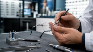 técnico de laboratório óptico realizando conserto profissional de armação de óculos